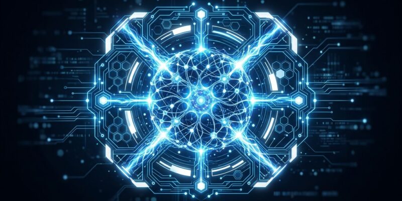 Diagram showing AI agent harness architecture with glowing blue circuit lines and neural network core