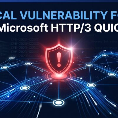 Microsoft QUIC CVE-2026-62815 vulnerability diagram showing HTTP/3 server attack surface with red warning shield and network topology