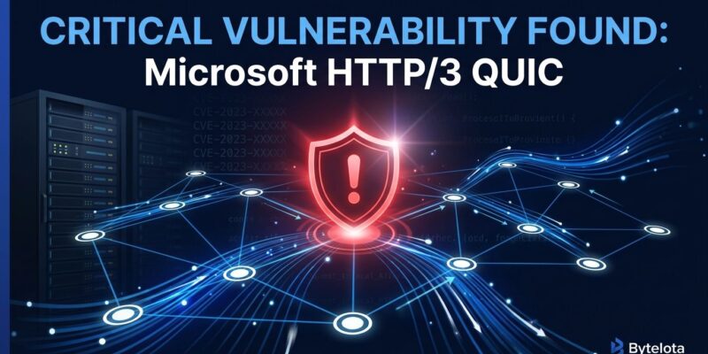 Microsoft QUIC CVE-2026-62815 vulnerability diagram showing HTTP/3 server attack surface with red warning shield and network topology