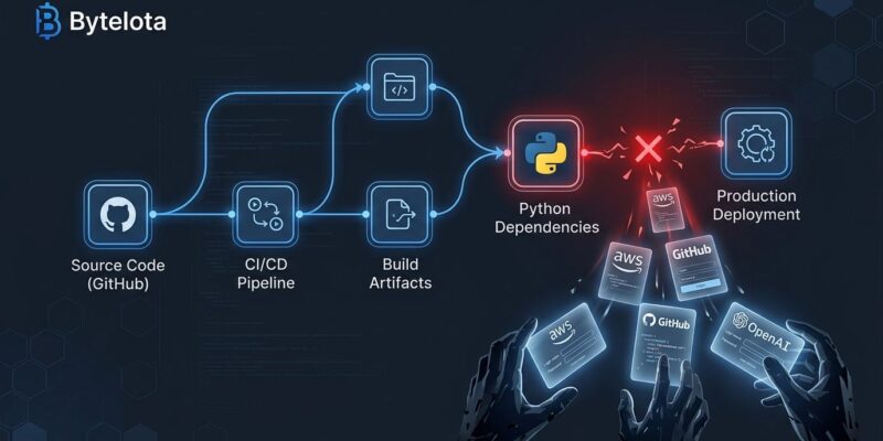 Supply chain attack diagram showing how LiteLLM PyPI breach exposed 2488 organizations