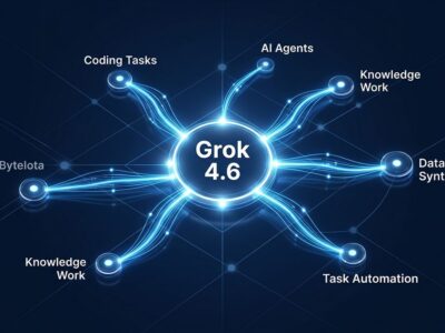 Grok 4.6 by SpaceXAI — AI model constellation showing connections between coding agents and knowledge work nodes