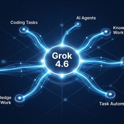 Grok 4.6 by SpaceXAI — AI model constellation showing connections between coding agents and knowledge work nodes