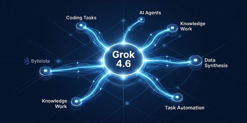 Grok 4.6 by SpaceXAI — AI model constellation showing connections between coding agents and knowledge work nodes