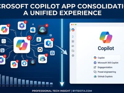 Split-screen illustration showing Microsoft Copilot app consolidation with declining adoption metrics
