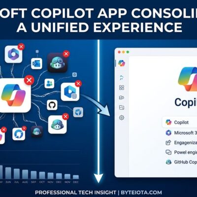 Split-screen illustration showing Microsoft Copilot app consolidation with declining adoption metrics