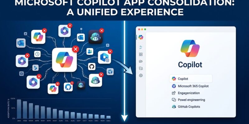 Split-screen illustration showing Microsoft Copilot app consolidation with declining adoption metrics