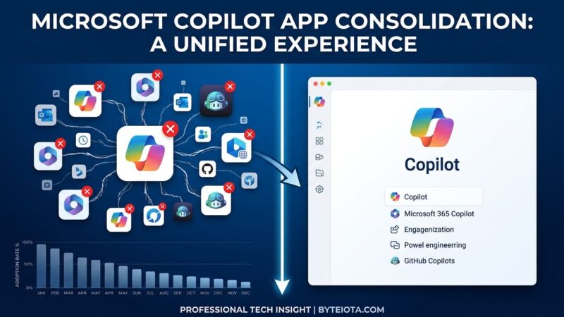 Split-screen illustration showing Microsoft Copilot app consolidation with declining adoption metrics