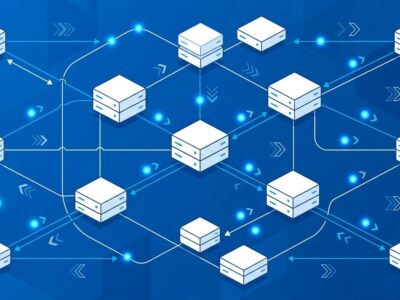 Distributed server nodes with stateless MCP request-response flow in blue and white