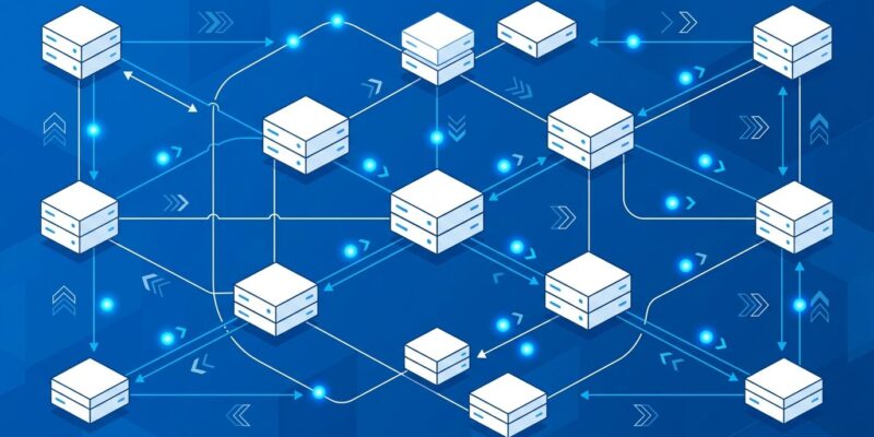 Distributed server nodes with stateless MCP request-response flow in blue and white