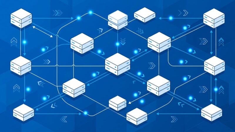 Distributed server nodes with stateless MCP request-response flow in blue and white