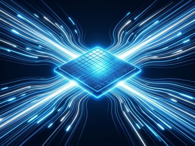 Glowing blue silicon wafer with streaming light representing OpenAI Ultrafast mode and Cerebras wafer-scale inference speed