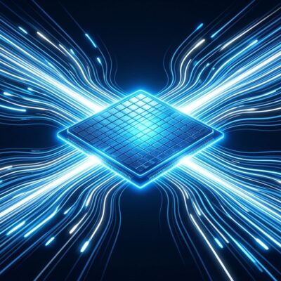 Glowing blue silicon wafer with streaming light representing OpenAI Ultrafast mode and Cerebras wafer-scale inference speed