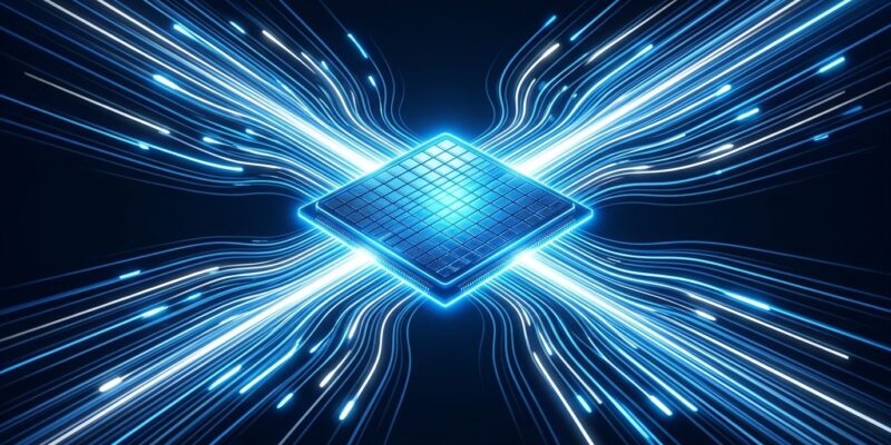 Glowing blue silicon wafer with streaming light representing OpenAI Ultrafast mode and Cerebras wafer-scale inference speed