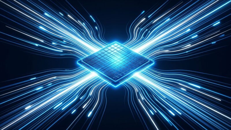 Glowing blue silicon wafer with streaming light representing OpenAI Ultrafast mode and Cerebras wafer-scale inference speed