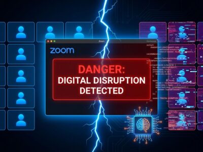 Split-screen showing normal Zoom meeting on left and corrupted participants with security warnings on right, representing the Zoomsday zero-click vulnerability