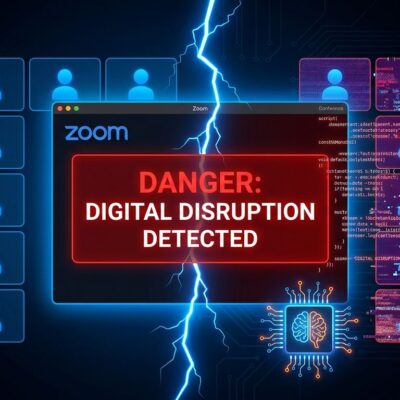 Split-screen showing normal Zoom meeting on left and corrupted participants with security warnings on right, representing the Zoomsday zero-click vulnerability