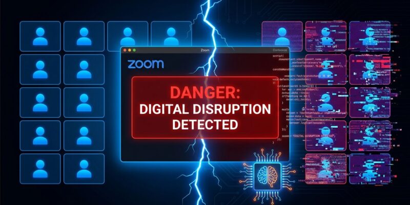 Split-screen showing normal Zoom meeting on left and corrupted participants with security warnings on right, representing the Zoomsday zero-click vulnerability