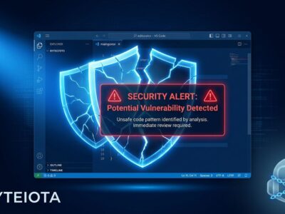 VS Code editor with fractured shield security warning overlay representing CVE-2026-70336 RCE and Copilot CVE-2026-70335 OS command injection vulnerabilities