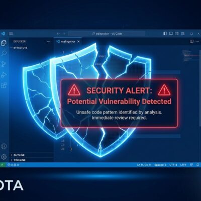 VS Code editor with fractured shield security warning overlay representing CVE-2026-70336 RCE and Copilot CVE-2026-70335 OS command injection vulnerabilities