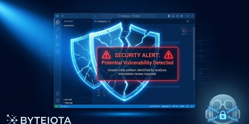 VS Code editor with fractured shield security warning overlay representing CVE-2026-70336 RCE and Copilot CVE-2026-70335 OS command injection vulnerabilities
