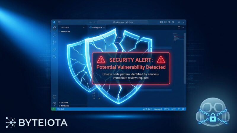 VS Code editor with fractured shield security warning overlay representing CVE-2026-70336 RCE and Copilot CVE-2026-70335 OS command injection vulnerabilities