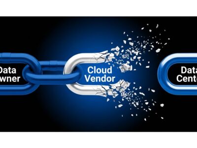 Broken chain diagram showing three-tier cloud vendor arrangement with dissolved middle link representing cloud vendor failure and data custody gap