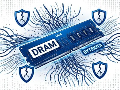 Blue DRAM memory module with particle dispersion effect showing address remapping and cracked security shields representing bypassed CPU security layers