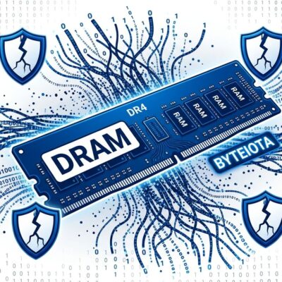 Blue DRAM memory module with particle dispersion effect showing address remapping and cracked security shields representing bypassed CPU security layers