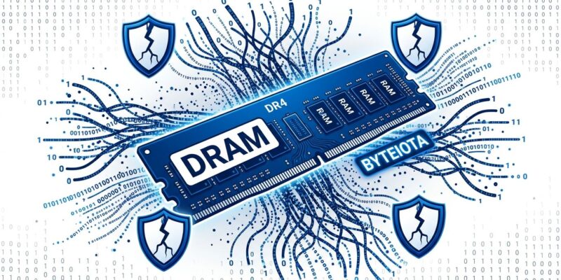 Blue DRAM memory module with particle dispersion effect showing address remapping and cracked security shields representing bypassed CPU security layers