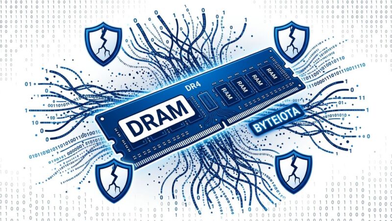 Blue DRAM memory module with particle dispersion effect showing address remapping and cracked security shields representing bypassed CPU security layers