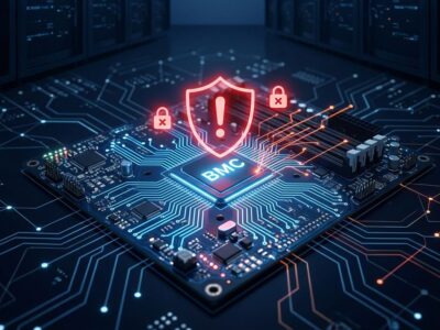 Server motherboard with security warning indicators showing BMC vulnerability exposure