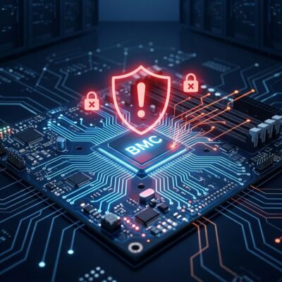 Server motherboard with security warning indicators showing BMC vulnerability exposure