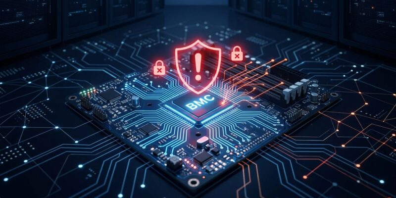 Server motherboard with security warning indicators showing BMC vulnerability exposure