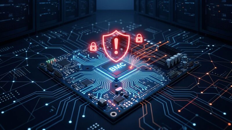 Server motherboard with security warning indicators showing BMC vulnerability exposure