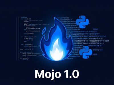 Mojo 1.0 programming language flame logo with Python interop and binary code streams on dark background