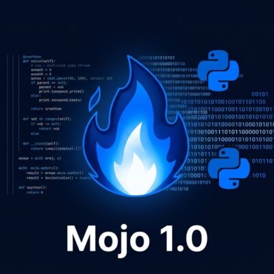 Mojo 1.0 programming language flame logo with Python interop and binary code streams on dark background