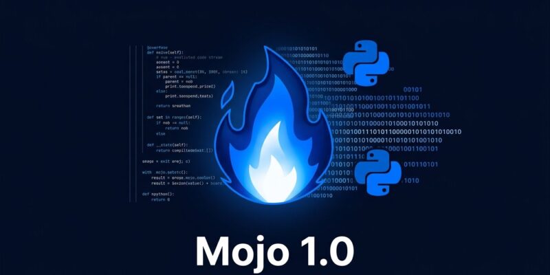 Mojo 1.0 programming language flame logo with Python interop and binary code streams on dark background