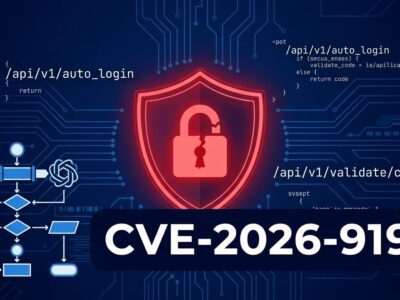 Security warning graphic showing CVE-2026-9198 Langflow remote code execution vulnerability with broken padlock and AI pipeline diagram