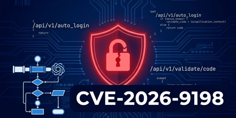 Security warning graphic showing CVE-2026-9198 Langflow remote code execution vulnerability with broken padlock and AI pipeline diagram