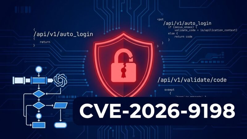 Security warning graphic showing CVE-2026-9198 Langflow remote code execution vulnerability with broken padlock and AI pipeline diagram