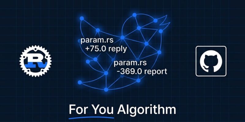 X For You feed algorithm open source GitHub repo - ranking weights diagram with Rust code and network graph