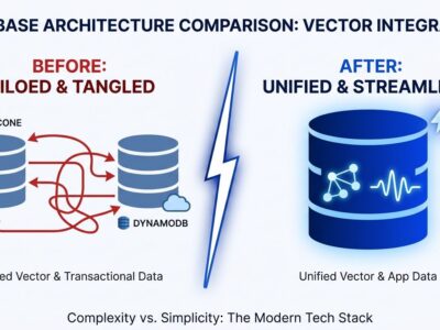 Split-screen diagram comparing traditional two-database DynamoDB plus vector database architecture versus unified DynamoDB vector search