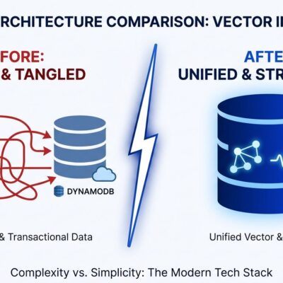 Split-screen diagram comparing traditional two-database DynamoDB plus vector database architecture versus unified DynamoDB vector search