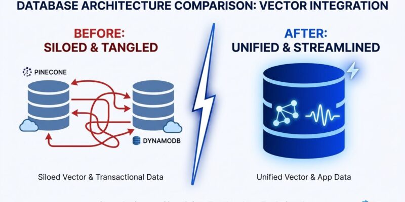 Split-screen diagram comparing traditional two-database DynamoDB plus vector database architecture versus unified DynamoDB vector search
