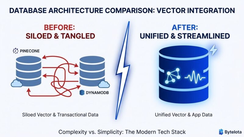 Split-screen diagram comparing traditional two-database DynamoDB plus vector database architecture versus unified DynamoDB vector search