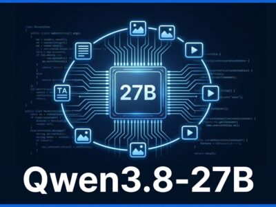 Qwen3.8-27B neural network chip visualization on dark blue background