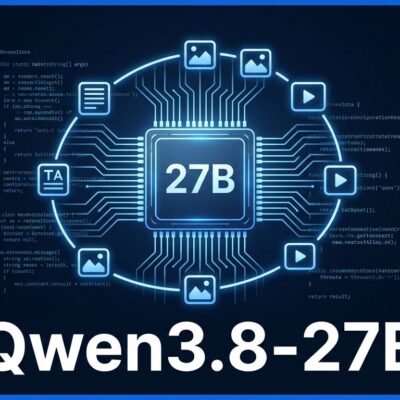 Qwen3.8-27B neural network chip visualization on dark blue background