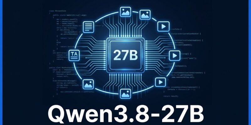Qwen3.8-27B neural network chip visualization on dark blue background
