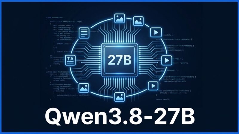 Qwen3.8-27B neural network chip visualization on dark blue background