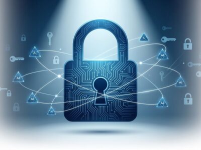 Conceptual illustration of AI inference running on encrypted data with lock icon and neural network nodes, representing Google HEIR homomorphic encryption compiler